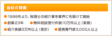 「当社の特徴」1999年より、税理士の紹介業を業界に先駆けて開始／創業15年／無料相談受付件数10万件以上（累積）／紹介実績3万件以上（累計）／提携専門家3,000人以上